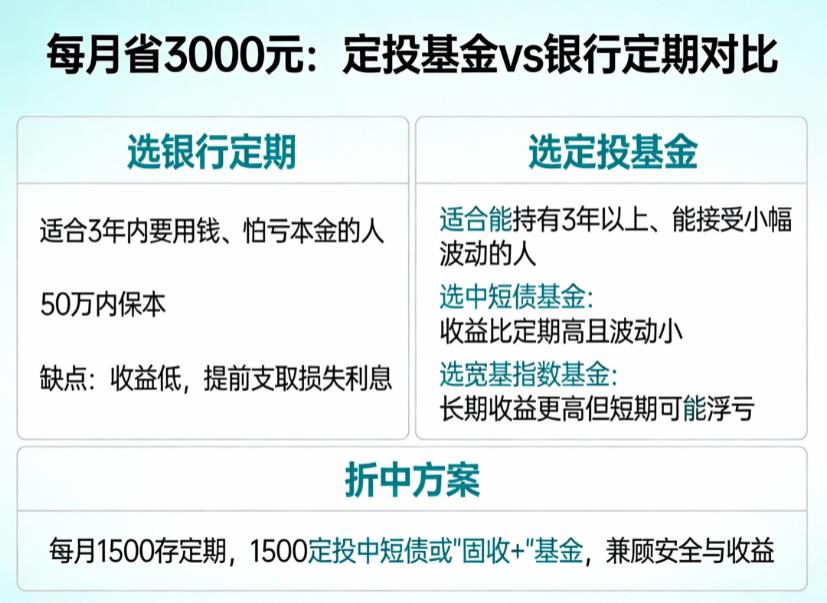 每月能省下3000，是定投基金好，还是存银行定期好？