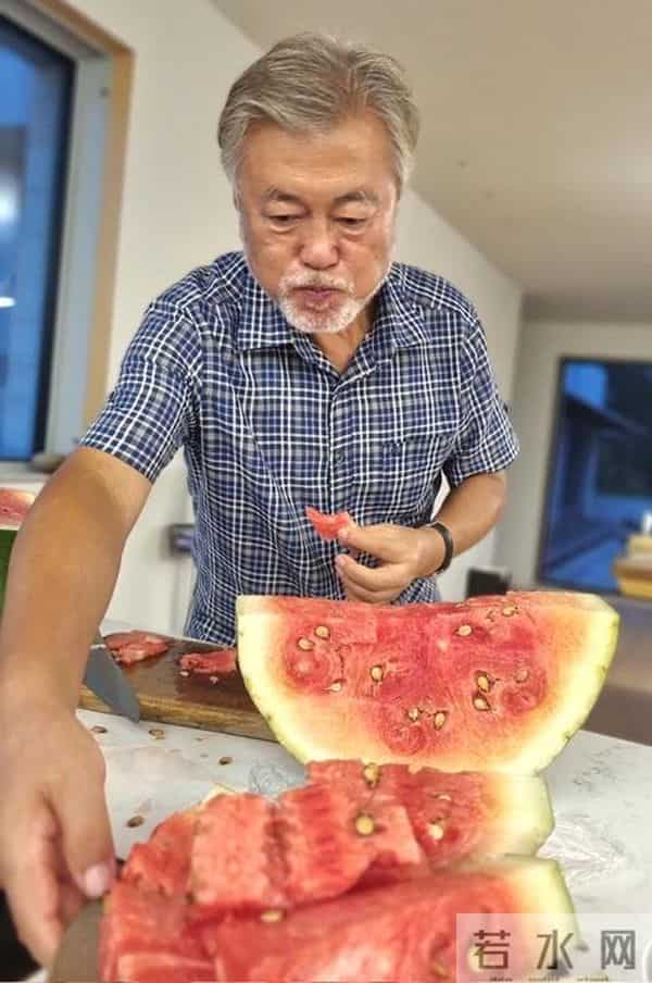 文在寅切的西瓜被吐槽没熟