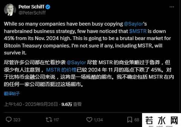 Peter Schiff：我一直认为刺破比特币泡沫的会是黄金，没想到是白银，“数字币财库公司”面临残酷熊市