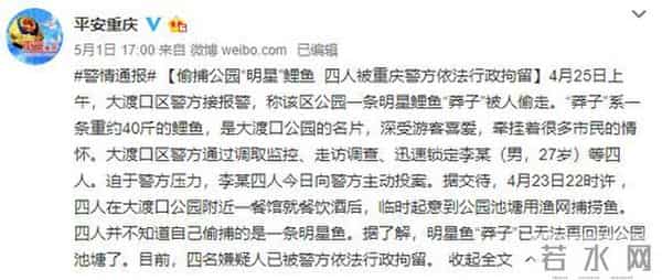 明星鱼莽子：重庆明星鱼莽子被吃掉，行拘四人