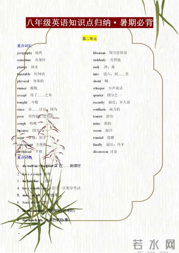 八年级英语词汇、短语、语法归纳总结，牢记这些，新学期遥遥领先