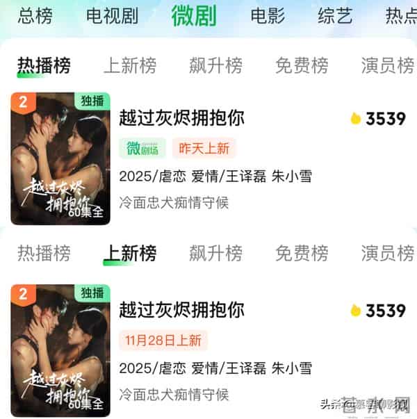 王译磊朱小雪新剧爆火!热度破3500,一举登顶爱奇艺五大榜单TOP1