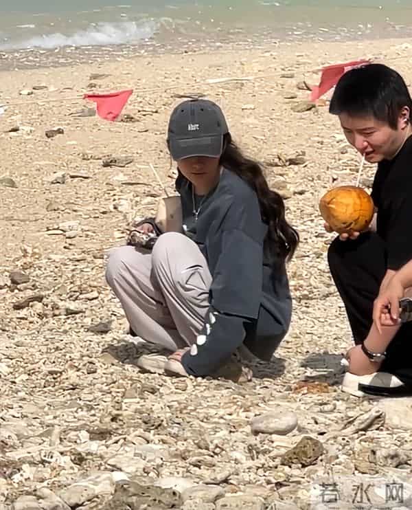 郭碧婷三亚海边捡石头,素颜眼窝深凹很疲惫,带5位助理照顾父亲