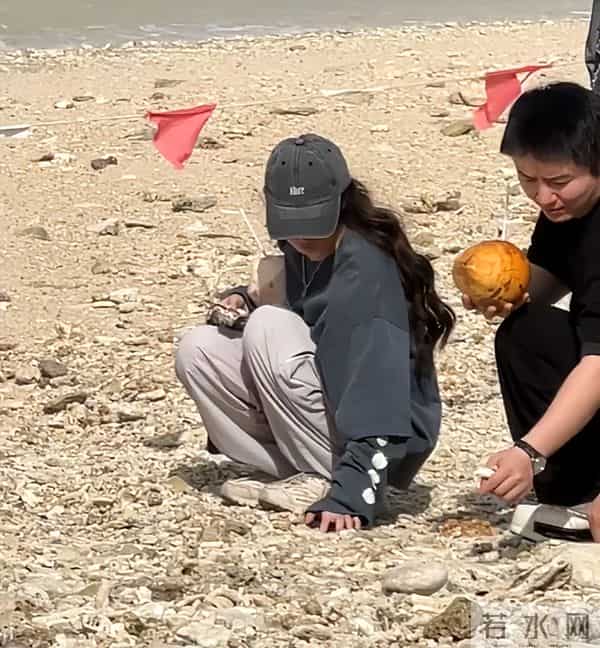 郭碧婷三亚海边捡石头,素颜眼窝深凹很疲惫,带5位助理照顾父亲
