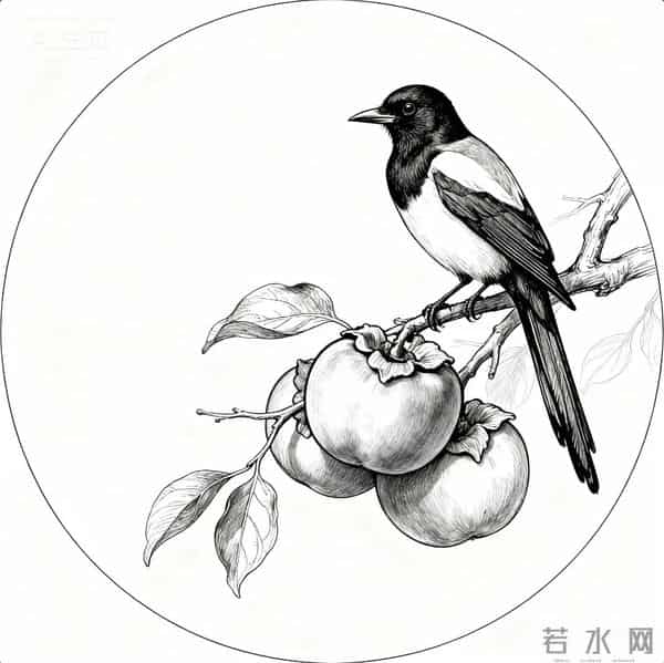 喜鹊柿子重彩国画‖工笔临摹素材+线稿图分享‖喜欢的朋友赶快收藏起来慢慢画吧！够你画上一整月了！