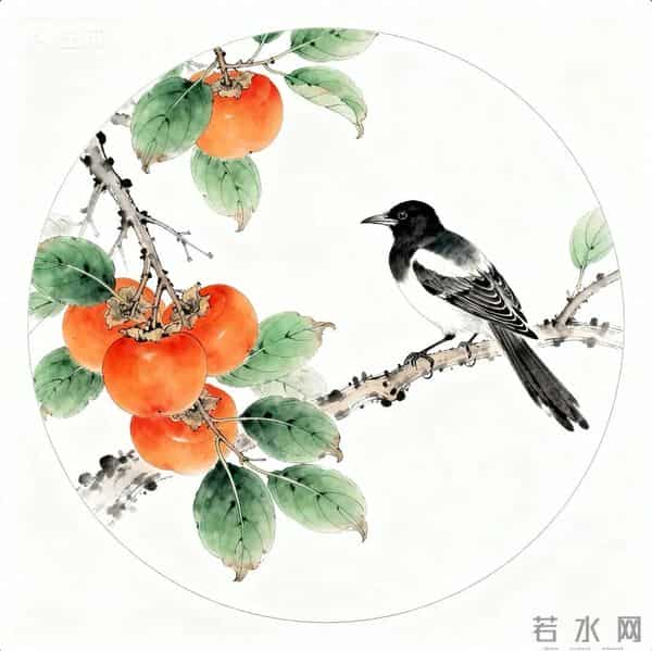 喜鹊柿子重彩国画‖工笔临摹素材+线稿图分享‖喜欢的朋友赶快收藏起来慢慢画吧！够你画上一整月了！