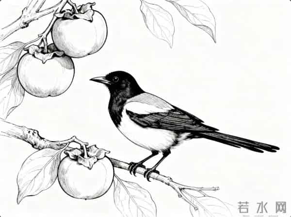 喜鹊柿子重彩国画‖工笔临摹素材+线稿图分享‖喜欢的朋友赶快收藏起来慢慢画吧！够你画上一整月了！