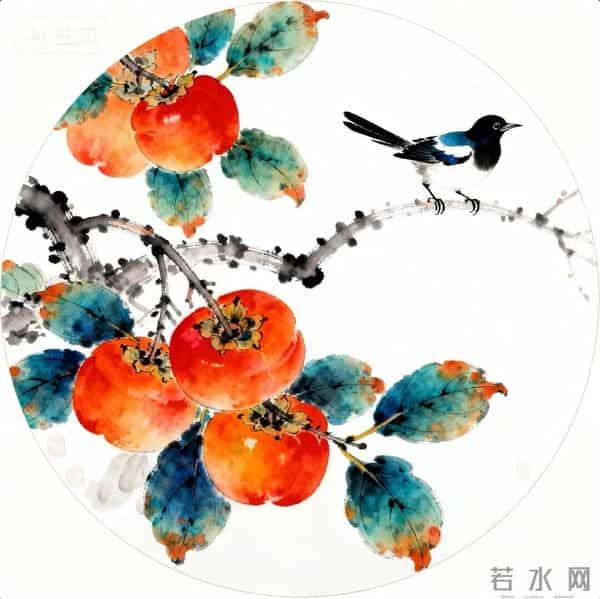 喜鹊柿子重彩国画‖工笔临摹素材+线稿图分享‖喜欢的朋友赶快收藏起来慢慢画吧！够你画上一整月了！