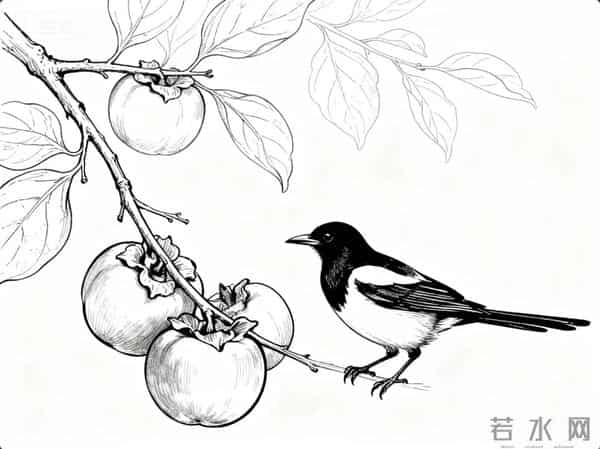喜鹊柿子重彩国画‖工笔临摹素材+线稿图分享‖喜欢的朋友赶快收藏起来慢慢画吧！够你画上一整月了！