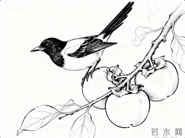 喜鹊柿子重彩国画‖工笔临摹素材+线稿图分享‖喜欢的朋友赶快收藏起来慢慢画吧！够你画上一整月了！