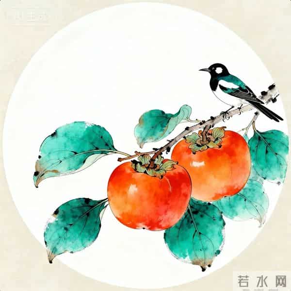 喜鹊柿子重彩国画‖工笔临摹素材+线稿图分享‖喜欢的朋友赶快收藏起来慢慢画吧！够你画上一整月了！