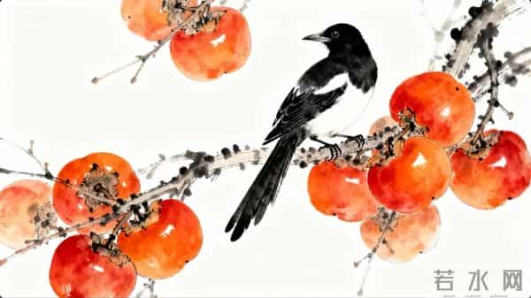 喜鹊柿子重彩国画‖工笔临摹素材+线稿图分享‖喜欢的朋友赶快收藏起来慢慢画吧！够你画上一整月了！