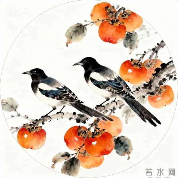 喜鹊柿子重彩国画‖工笔临摹素材+线稿图分享‖喜欢的朋友赶快收藏起来慢慢画吧！够你画上一整月了！