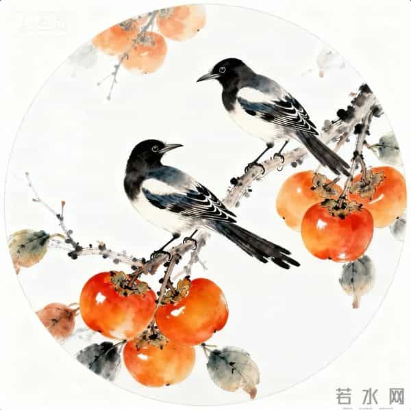 喜鹊柿子重彩国画‖工笔临摹素材+线稿图分享‖喜欢的朋友赶快收藏起来慢慢画吧！够你画上一整月了！