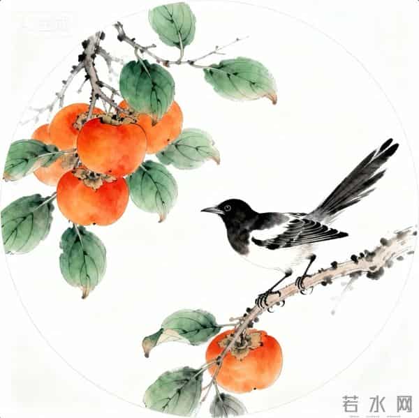喜鹊柿子重彩国画‖工笔临摹素材+线稿图分享‖喜欢的朋友赶快收藏起来慢慢画吧！够你画上一整月了！