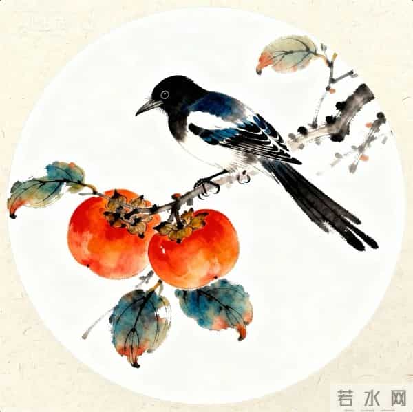 喜鹊柿子重彩国画‖工笔临摹素材+线稿图分享‖喜欢的朋友赶快收藏起来慢慢画吧！够你画上一整月了！