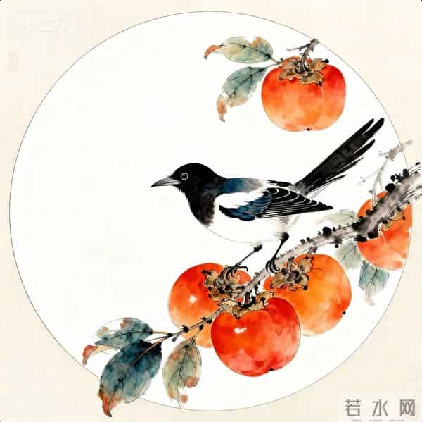 喜鹊柿子重彩国画‖工笔临摹素材+线稿图分享‖喜欢的朋友赶快收藏起来慢慢画吧！够你画上一整月了！