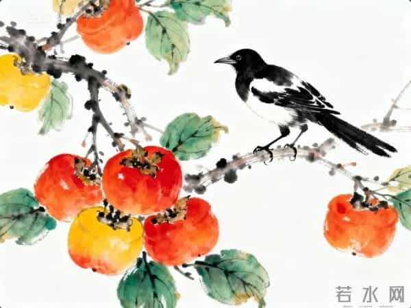 喜鹊柿子重彩国画‖工笔临摹素材+线稿图分享‖喜欢的朋友赶快收藏起来慢慢画吧！够你画上一整月了！