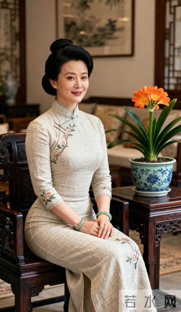 穿白旗袍的中年美女与君子兰