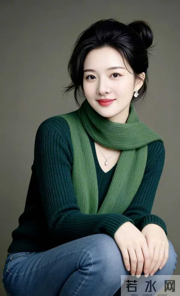 绿色长围巾与牛仔裤