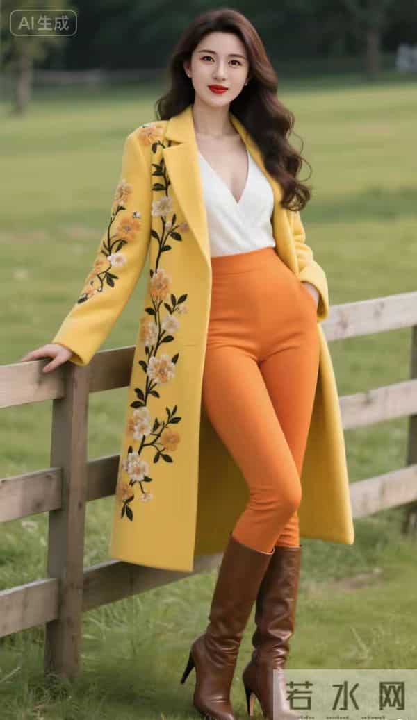 绣花的黄大衣与棕色皮靴