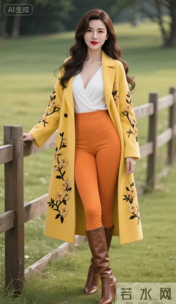 绣花的黄大衣与棕色皮靴