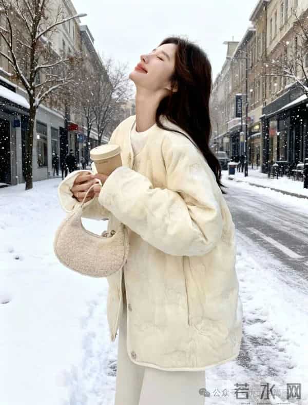 奶黄中式盘扣棉服配同色系套装,绣花纹理显贵气