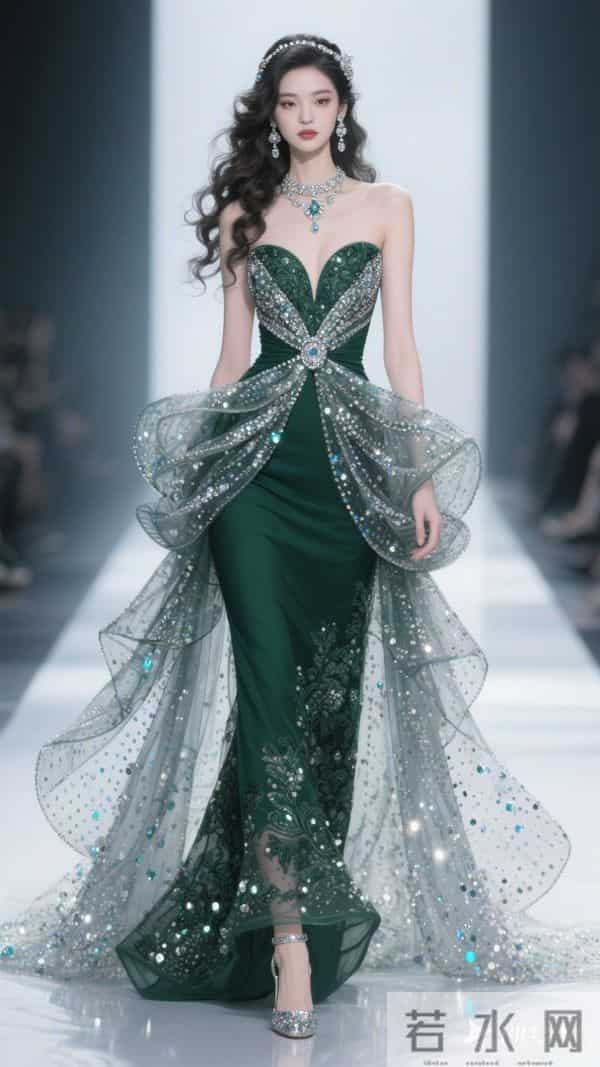 一位东方大美女 身材高挑 重工设计款独特款式夸张甚至无袖连衣长裙