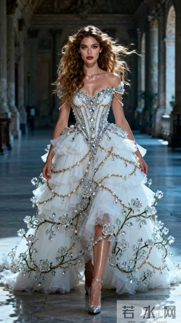 采用充满想象力的写实摄影风格 画面中金棕色卷长发凌乱飘逸的模特