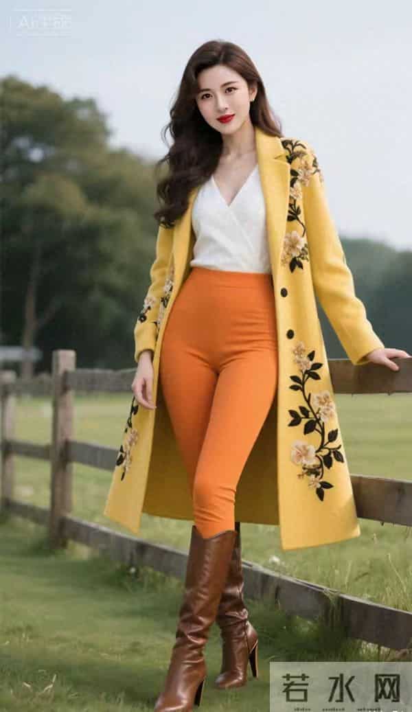 绣花的黄大衣与棕色皮靴