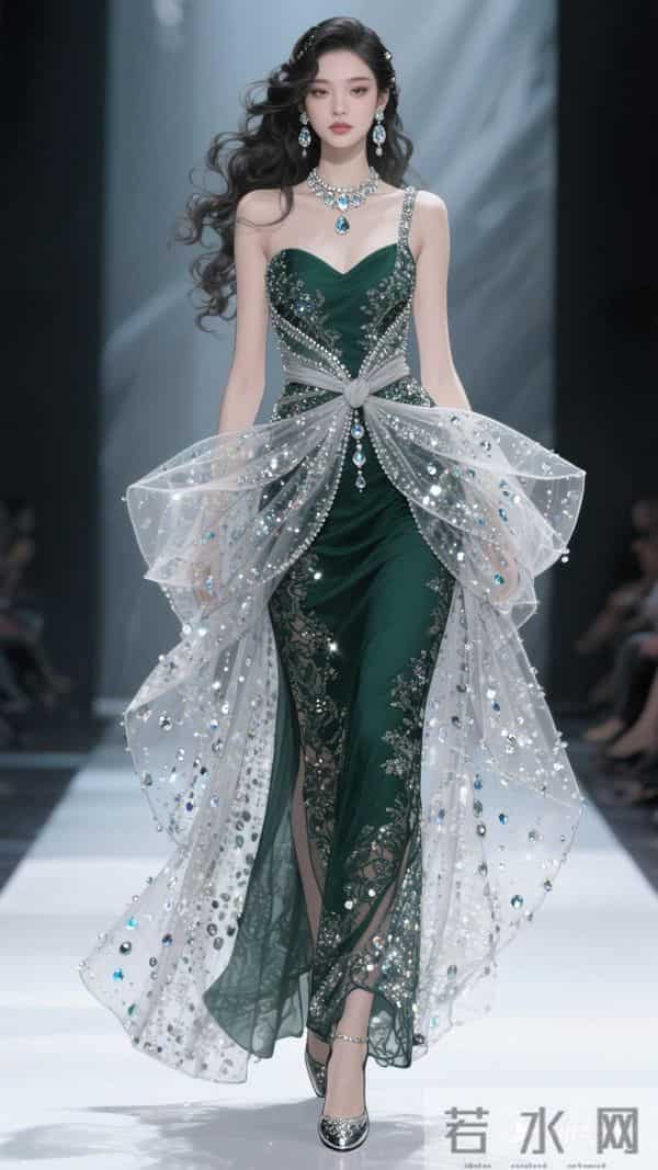 一位东方大美女 身材高挑 重工设计款独特款式夸张甚至无袖连衣长裙