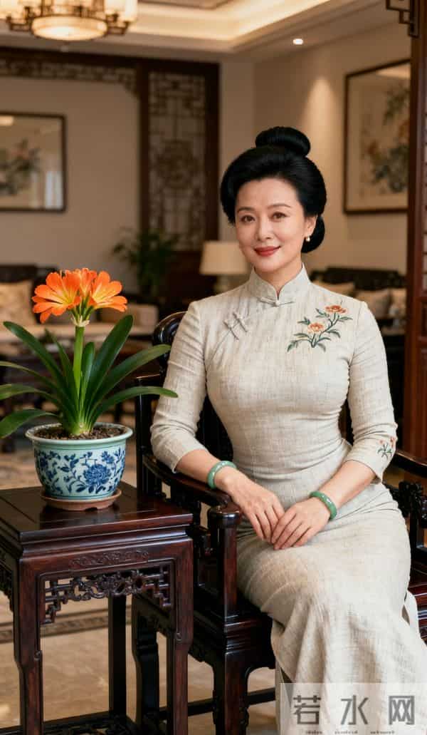 穿白旗袍的中年美女与君子兰