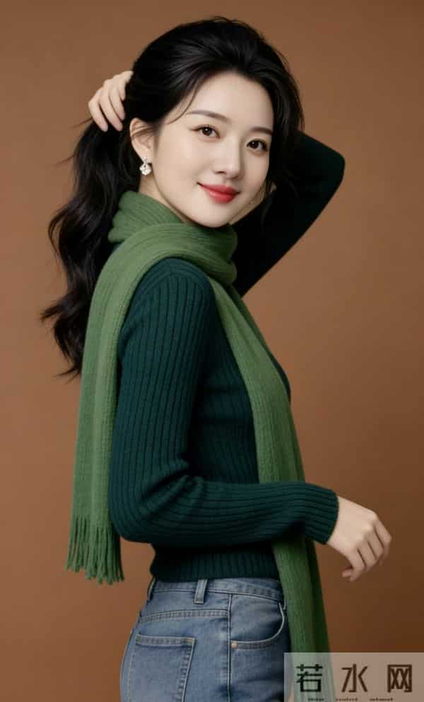 绿色长围巾与牛仔裤