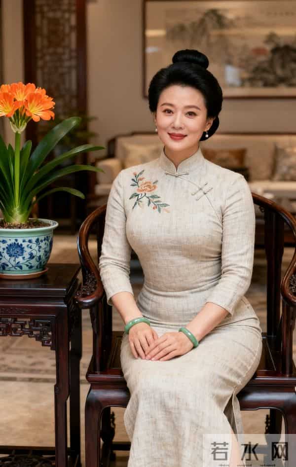 穿白旗袍的中年美女与君子兰