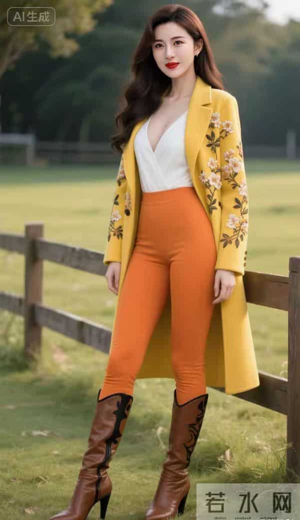 绣花的黄大衣与棕色皮靴