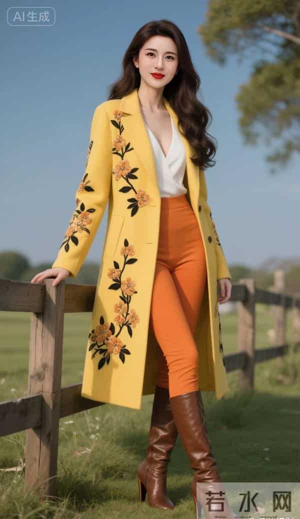 绣花的黄大衣与棕色皮靴