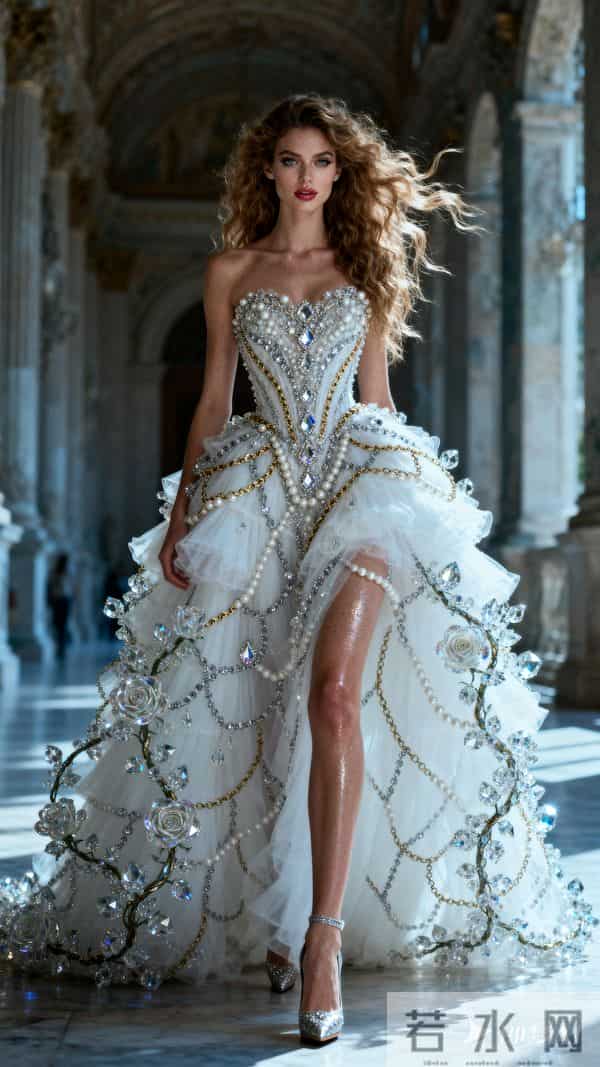 采用充满想象力的写实摄影风格 画面中金棕色卷长发凌乱飘逸的模特