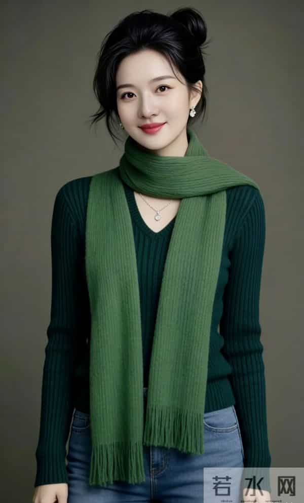 绿色长围巾与牛仔裤