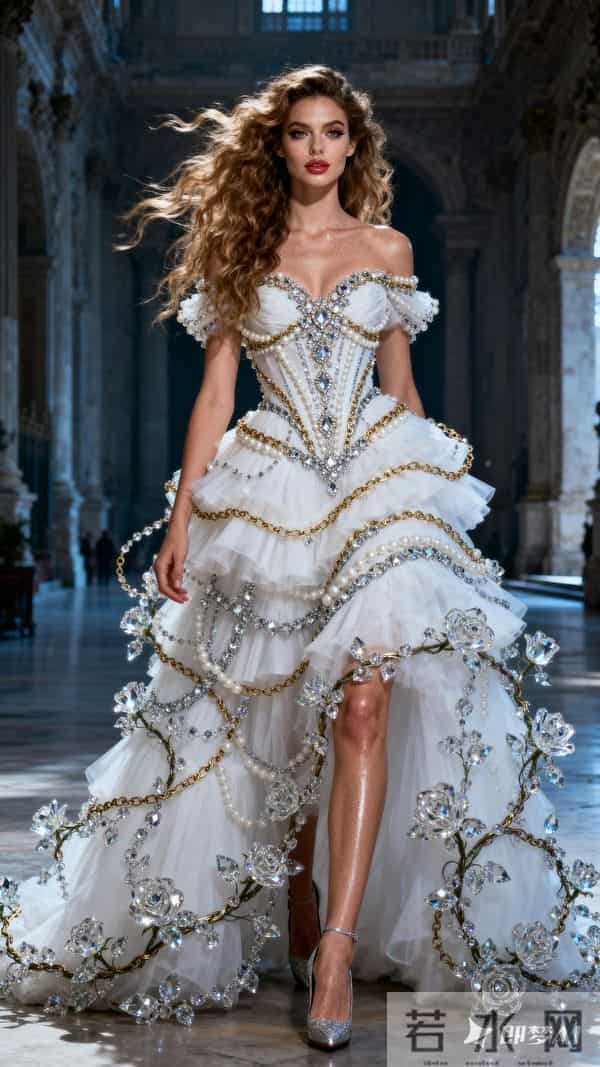 采用充满想象力的写实摄影风格 画面中金棕色卷长发凌乱飘逸的模特