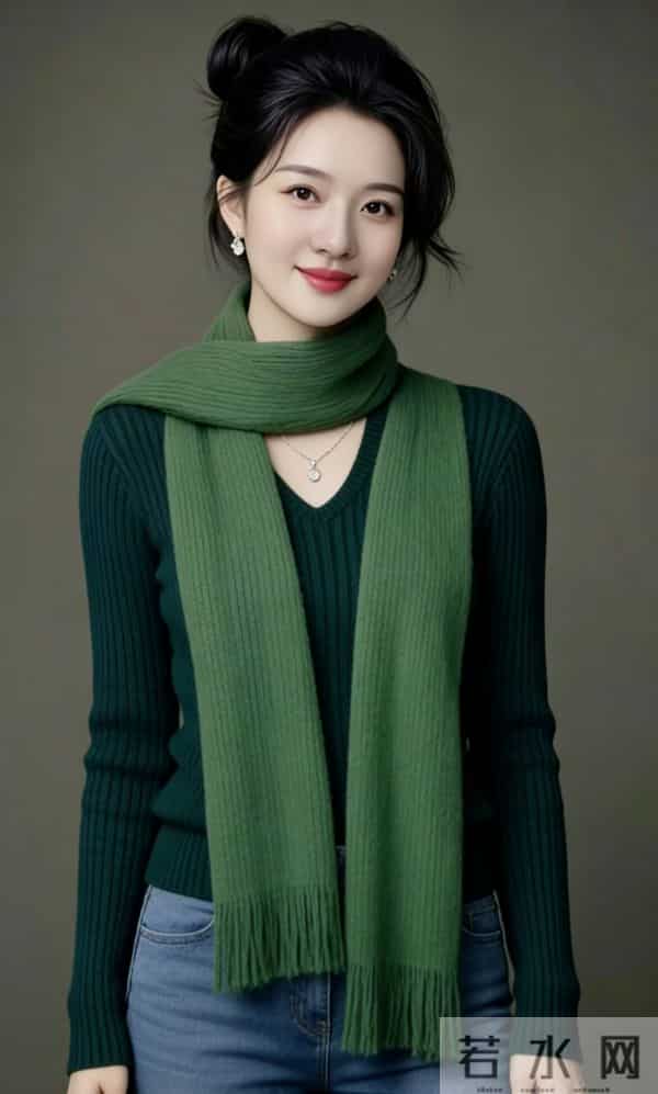 绿色长围巾与牛仔裤