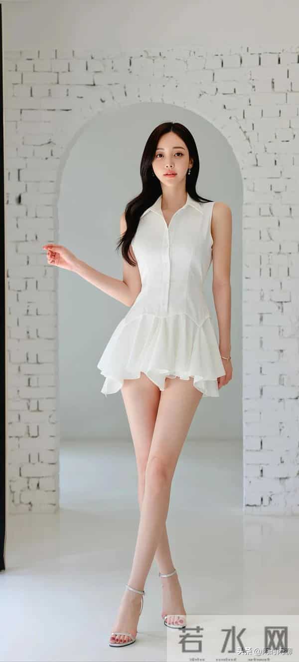 白色衬衫裙,单排扣收腰,下搭不对称荷叶边短裙,简约柔美。