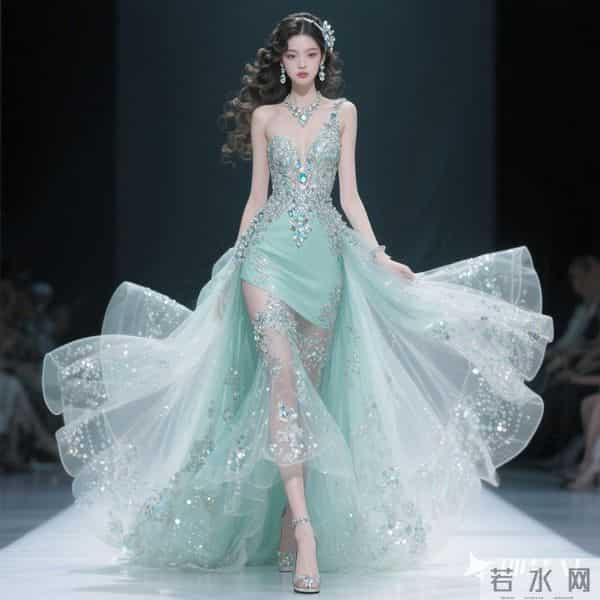 一位东方大美女,重工设计款独特款式夸张甚至无袖连衣长裙