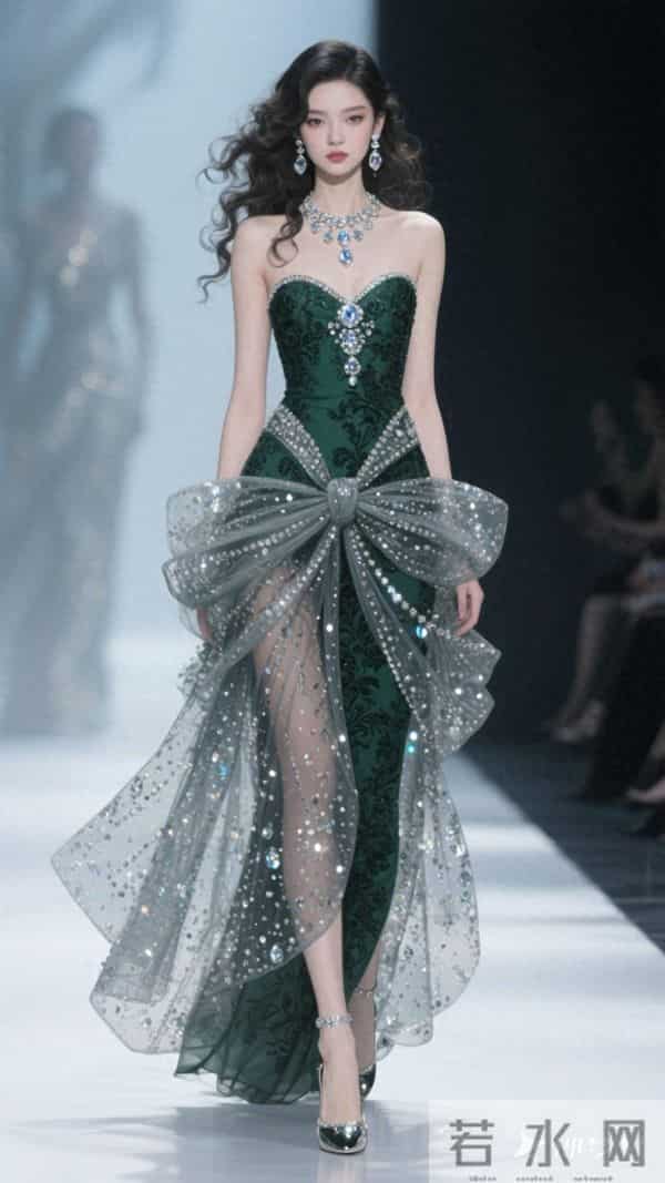 一位东方大美女 身材高挑 重工设计款独特款式夸张甚至无袖连衣长裙