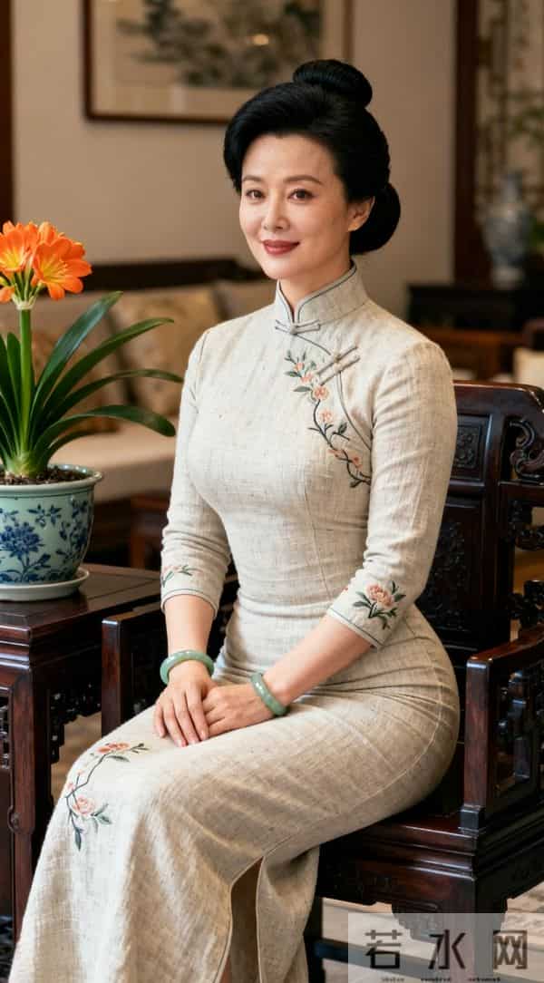 穿白旗袍的中年美女与君子兰