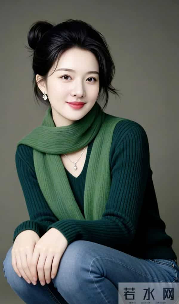 绿色长围巾与牛仔裤