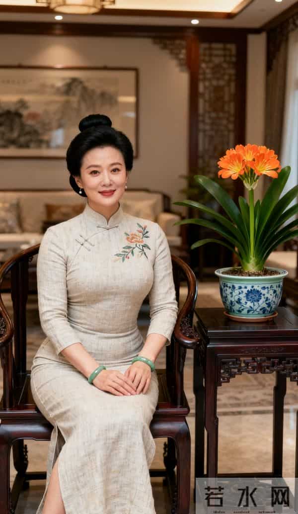 穿白旗袍的中年美女与君子兰