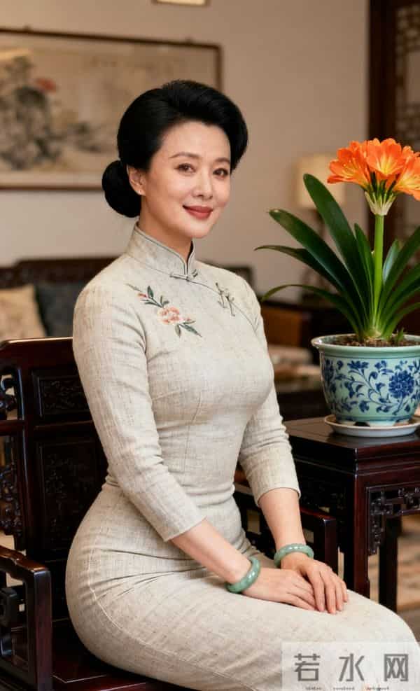 穿白旗袍的中年美女与君子兰
