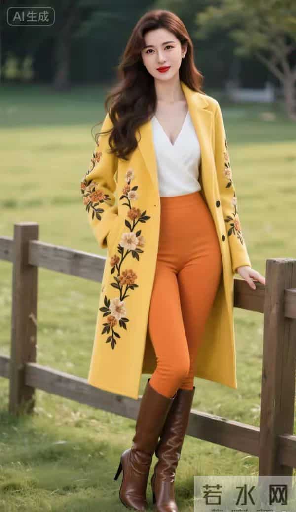绣花的黄大衣与棕色皮靴