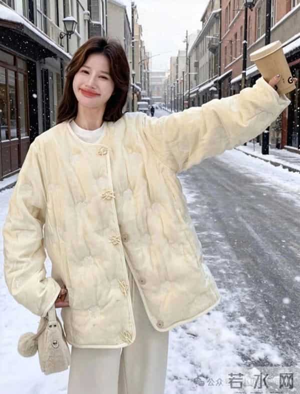 奶黄中式盘扣棉服配同色系套装,绣花纹理显贵气