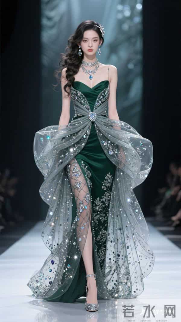 一位东方大美女 身材高挑 重工设计款独特款式夸张甚至无袖连衣长裙